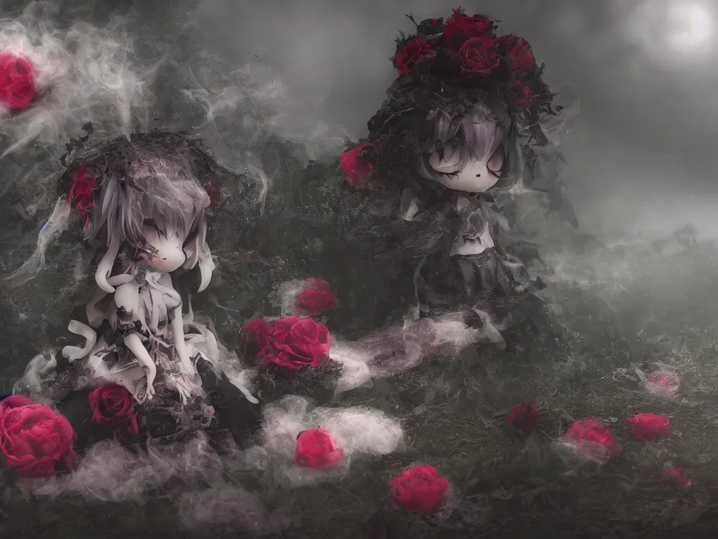 Image similar to cute fumo plush of a gothic maiden girl clutching lots of decayed roses, stale twilight, swirling vortices of emissive smoke and volumetric fog over the river, bokeh, vignette, vray