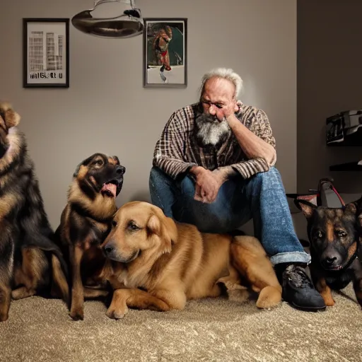 Image similar to a picture of an old man with 2 giant dogs next to him living in a small apartment, German shepard and a golden retriever, midwestern redneck life, sharp edges, realistic image, 8k UHD, arnold render, realism, dramatic, HD, high details