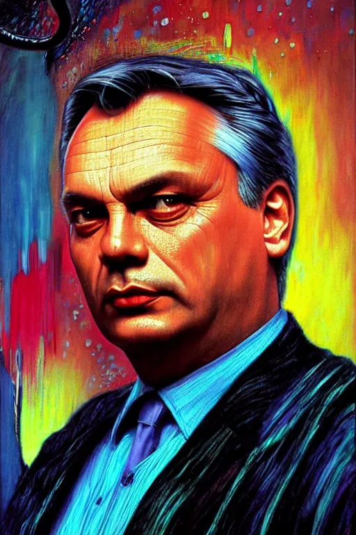 Image similar to 8 0 s art deco close up portait of viktor orban with horns, rain like a dream oil painting curvalinear clothing cinematic dramatic cyberpunk textural fluid lines otherworldly vaporwave interesting details fantasy lut epic composition by basquiat zdzisław beksinski james jean artgerm rutkowski moebius francis bacon gustav klimt