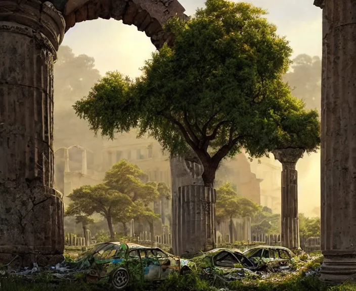 Image similar to a tree growing in ancient greek ruins, gray wasteland, many scrap cars, trash, rubble, overgrown, pillars and arches, flowers, vines, hyperrealistic, highly detailed, cinematic, ray of golden sunlight shining on the tree, beautiful, cgssociety, artstation, 8 k, oil painting by greg rutkowski, by artgerm, by wlop