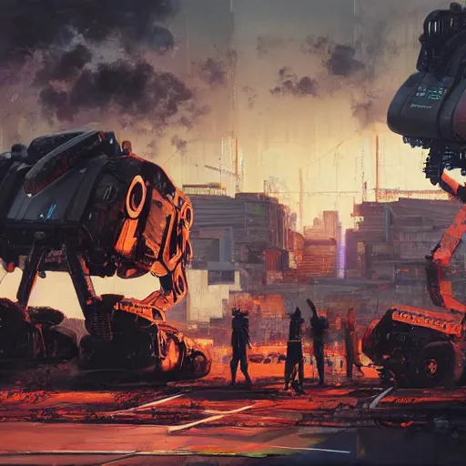 Prompt: an ultrawide lens shot of black boys building a giant robot out of junk in yhe synthwave ghetto, by greg rutkowski and android jones, oil on canvas