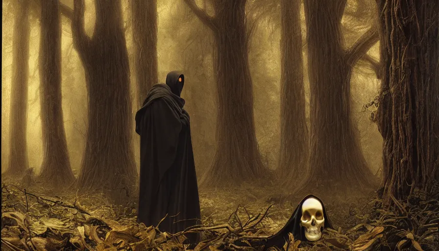 Image similar to portrait of a man in a long flowing hooded cloak and a skull mask on a path of a dark forest, ray traced lighting by Gerald Brom and Norman Rockwell