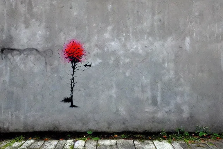 Image similar to abstract wall painting of nature landscape, grey grunge wall rule of thirds, art by banksy