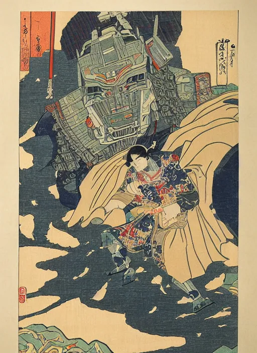 Image similar to a japanese woodblock print of optimus prime, hokusai,