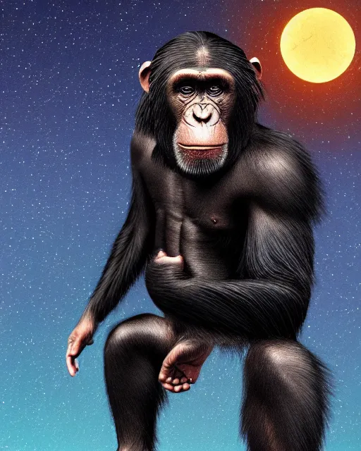 Image similar to very detailed high resolution illustration of a muscular chimpanzee, backlit, stars, night, surrounded, 3 d, 8 k, extremely detailed, artstation, award winning
