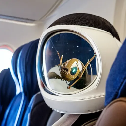 Prompt: an ant wearing an astronaut helmet on an airplane