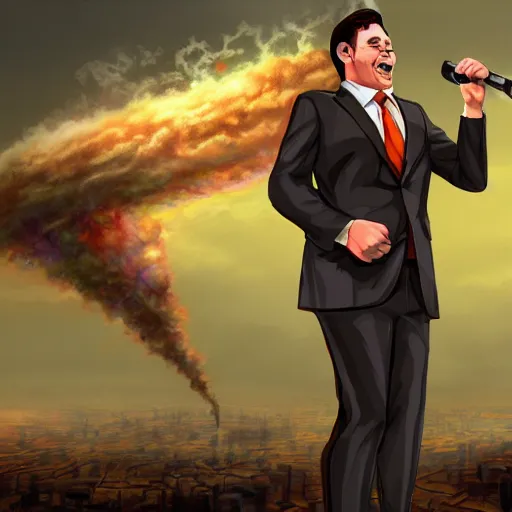 Image similar to comedian in suit and tie performing in a battle-field, stand-up comedian, dead laughing bodies on the ground, nuclear cloud in the far horizon, fantasy, intricate, highly detailed, digital painting, trending on artstation, concept art, smooth, sharp focus