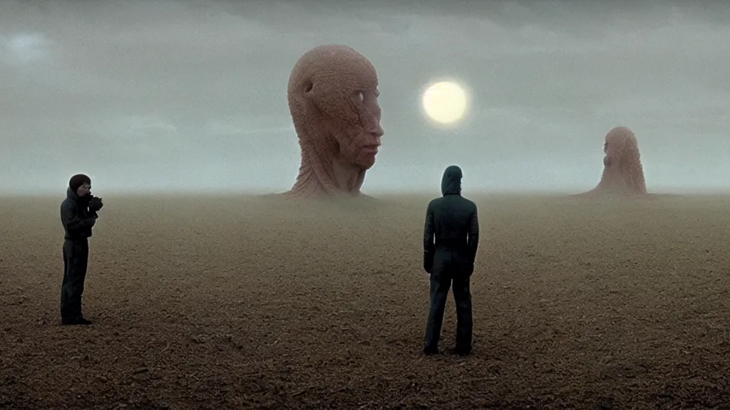 Image similar to people forgot where they came from, i'm here to remind them, film still from the movie directed by denis villeneuve and david cronenberg with art direction by salvador dali and zdzisław beksinski, wide lens