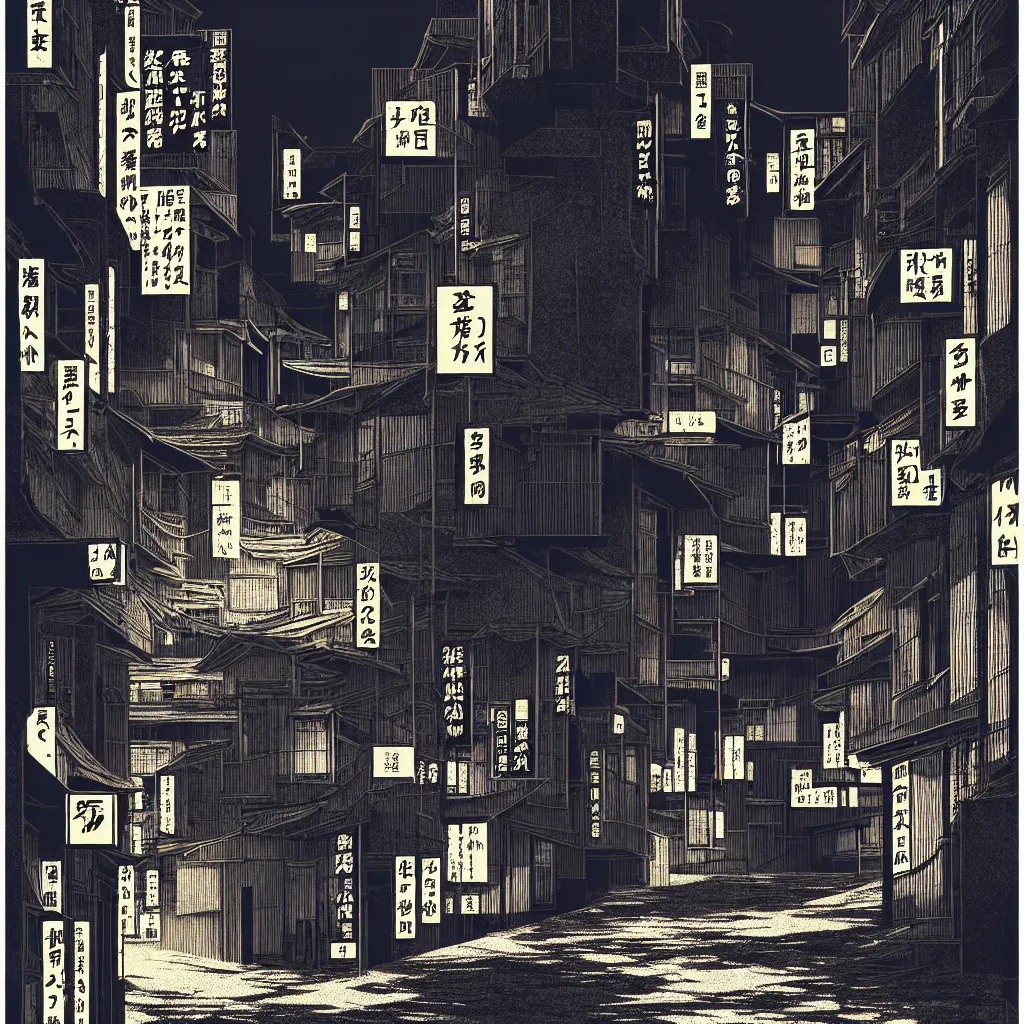 Image similar to old japanese street by, mads berg, karolis strautniekas, film noir, stippled light, dramatic lighting, editorial illustration, detailed, fine texture, matte print, art deco, brutalism, dark blue + dark orange, red, black, ( ( habitat 6 7 background ) )