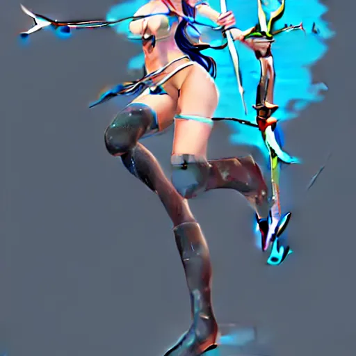 Image similar to an anime woman in an outfit made of water is doing a trick with bow and arrow, concept art by senior character artist, polycount contest winner, process art, concept art, 2d game art, full body, mid shot, artstation hd