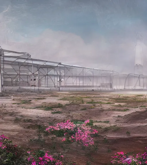 Prompt: a matte painting of a white biroremediation architecture, greenhouse in the mining tailings in the desert, prairie, cottage town, foggy, patchy flowers, oil painting, pale colors, high detail, 8 k, wide angle, trending on artstation, behance