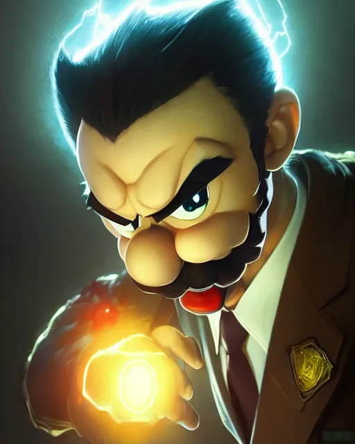 Image similar to gigachad luigi charging ultimate attack like saitama wearing a suit in the office, fantasy character portrait, ultra realistic, anime key visual, concept art, intricate details, highly detailed by greg rutkowski, ilya kuvshinov, gaston bussiere, craig mullins, simon bisley