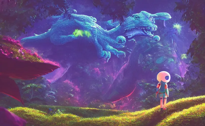 Image similar to a still of a cute adorable tiny astronaut, on a planet of lush colorful foliage, with an enormous kaiju dragon in the background, magical forest, sharp focus, neon backlit, highly detailed, disney pixar studio ghibli makoto shinkai, digital painting, matte, octane render, global illumination, iridescent, anime, 8 k concept art