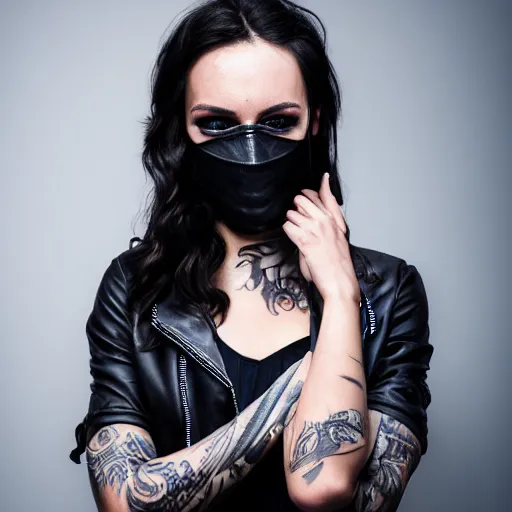 Prompt: Hot young woman, grey skin, void eyeballs, tattoos, wearing a leather jacket, hugging a shrouded and masked person to her chest concept art, 8k