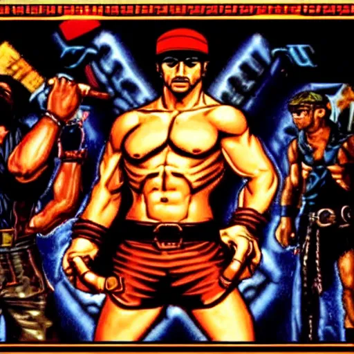 Prompt: portrait of rambo in double dragon video game splash screen