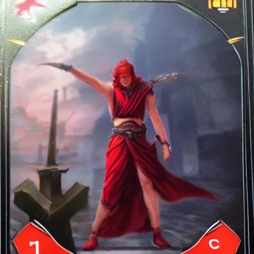 Image similar to magic the gathering card, trading card, human, red hair, monk