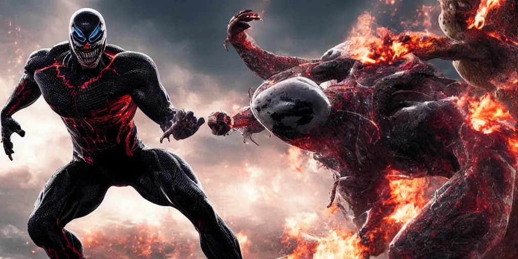 Prompt: a epic cgi film render of the rock as venom fighting Elon musk as ultron poster, in the style of waya Steurbaut entertainment, cinematic, detailed 1000K, inspiring, full scene camera shot