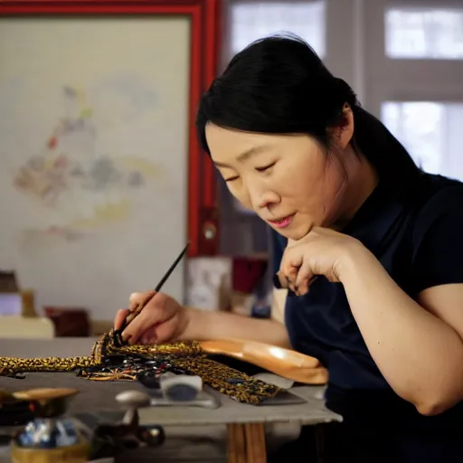 Prompt: A chinese female goldsmith at her desk crafting a necklace