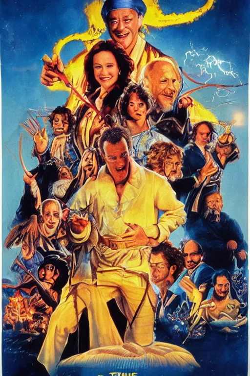 Prompt: movie poster hanksgiving, tom hanks, turkey, a wizard, lightning, 1 9 8 2, drew struzan inspiration