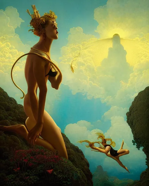 Image similar to beautiful woman floating in the most wonderful dream she ever had, coherent design, symmetrical, concept art, vivid color, complementary color, golden ratio, detailed, sharp lines, intricate, rainbowshift, by maxfield parrish, by peter mohrbacher, by gustave dore, by arthur rackham, deviantart, octane render