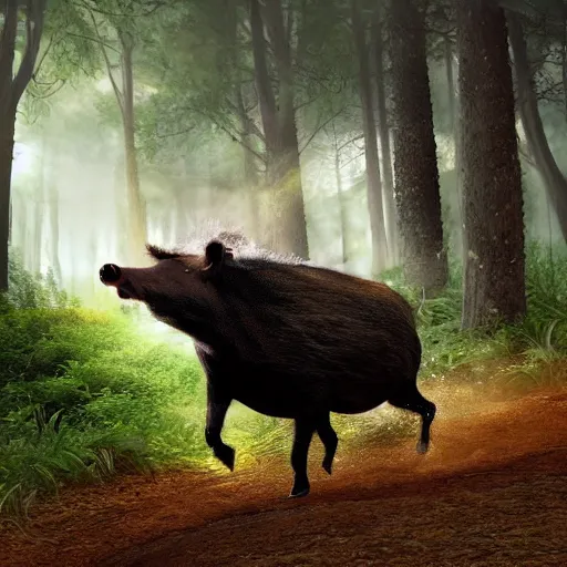 Image similar to donald trump riding a wild boar through the woods, digital art, highly detailed, cinematic lighting, epic composition