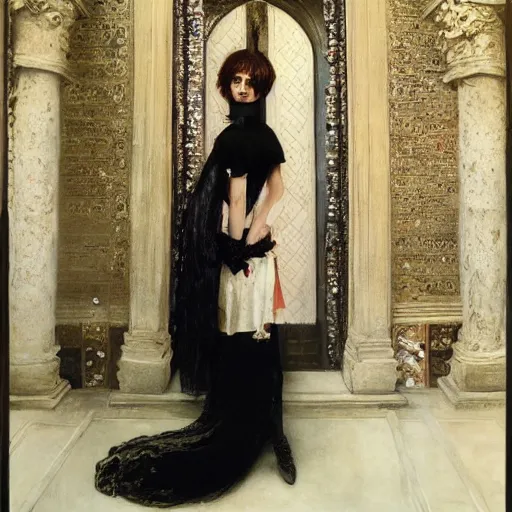 Image similar to Goth girl by Mario Testino, oil painting by Lawrence Alma-Tadema, masterpiece