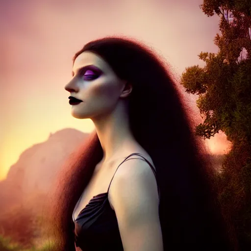 Prompt: photographic portrait of a stunningly beautiful goth renaissance female, in soft dreamy light at sunset, contemporary fashion shoot, by edward robert hughes, annie leibovitz and steve mccurry, david lazar, jimmy nelsson, extremely detailed, breathtaking, hyperrealistic, perfect face, octane render