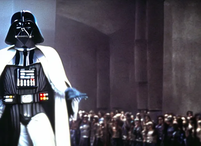 Image similar to film still of Darth Vader dancing as Tony Manero in Staying Alive 1983,