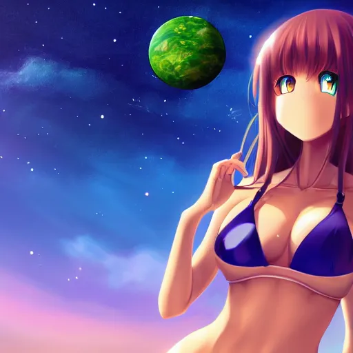 Image similar to An anime girl in bikini holding and terraforming a planet on her hands, unfocused background milkyway galaxy stars universe, wide-shot, high detail, 4k, digital art, artstation, 8k, very detailed