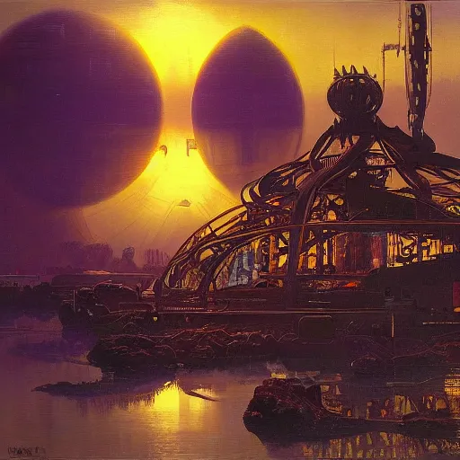 Prompt: painting of syd mead artlilery scifi organic shaped radio station with ornate metal work lands on a body of water, fossil ornaments, volumetric lights, purple sun, andreas achenbach