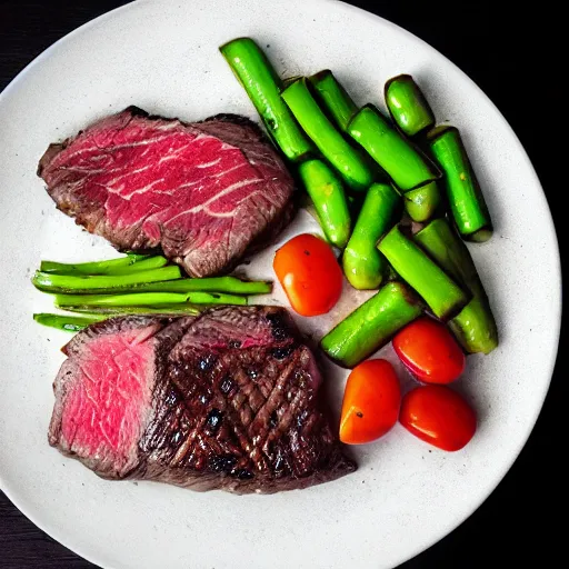 Image similar to steak dinner, large square white plate, vegetables, 4 k