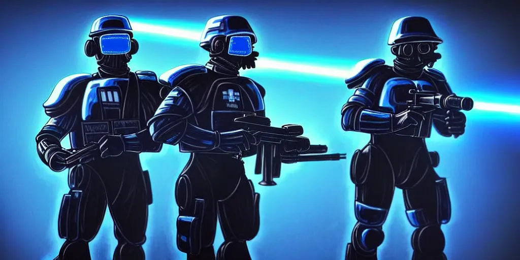 Image similar to A very detailed sketch of two soldiers with blue laser rifles wearing black power armour with blue sprites and full helmets with blue visors, night, fog, a complicated chrome-plated spaceship with blue lights in the background, realistic 4k octane beautifully detailed render, 4k post-processing, highly detailed, intricate complexity, epic composition, magical atmosphere, cinematic lighting, masterpiece, ultra hd