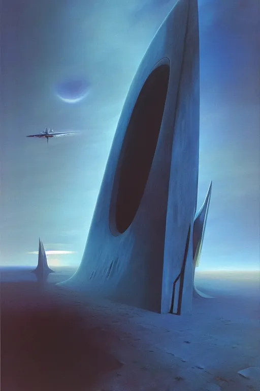 Image similar to emissary space by arthur haas and bruce pennington and john schoenherr, cinematic matte painting, zaha hadid building, photo realism, dark color palate, blue hour, james terrell art,