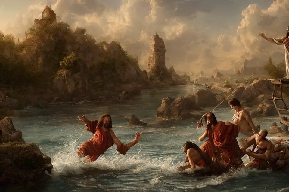 Image similar to An epic matte painting of Jesus saving Petrus in the Water, beautiful, stunning, gorgeous, 4k resolution, professional digital art, by wlop and George Rutkowski, f16, intricate