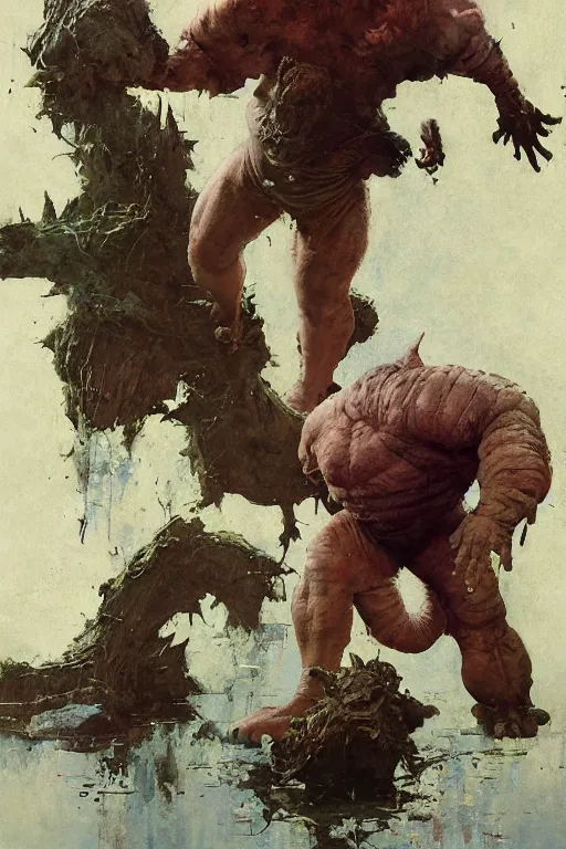 Image similar to full body portrait of huge slimy hairless bipedal ogre, by norman rockwell, jack kirby, jon berkey, earle bergey, craig mullins, ruan jia, jeremy mann, tom lovell, marvel, astounding stories, 5 0 s pulp illustration, scifi, fantasy, artstation creature concept