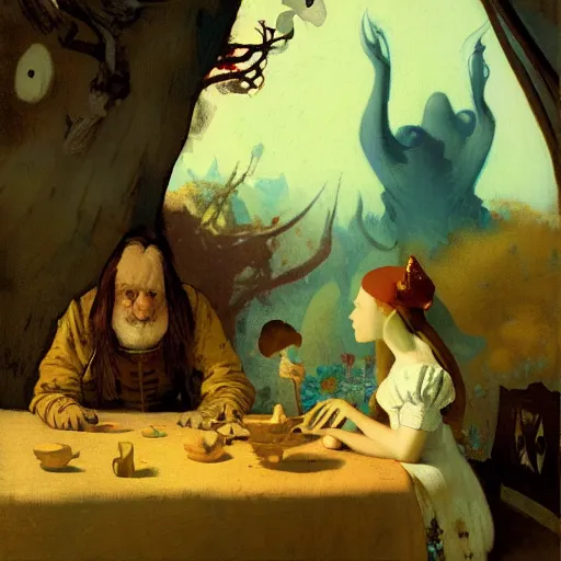 Image similar to alice in wonderland illustrated by johannes vermeer, greg rutkowski, gaston bussiere, van gogh, davinci, and zdzisław beksinski, award - winning, cgsociety contest winner