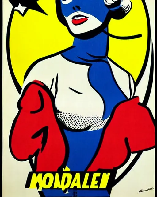 Image similar to a 1950's propaganda poster of a beautiful woman in a flight suit by Roy Lichtenstein