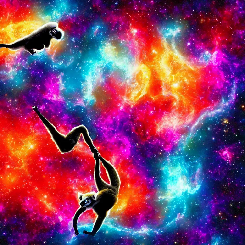 Prompt: a single lemur doing an inspiring yoga pose, abstract cosmos background, kodak ektar, breathtaking digital painting !dream abstract Lemur in inspiring yoga pose in cosmic space with nebula and stars, breathtaking digital art, award winning