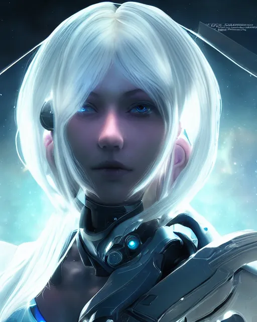 Image similar to perfect android girl on a mothership, warframe armor, beautiful face, scifi, futuristic, galaxy, nebula, raytracing, dreamy, long white hair, blue cyborg eyes, sharp focus, cinematic lighting, highly detailed, artstation, divine, by gauthier leblanc, kazuya takahashi, huifeng huang