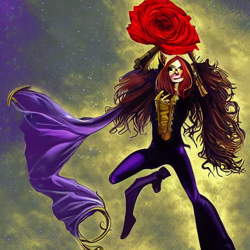 Image similar to The celestial warlock (a beautiful half elf with long red hair) clumsily knocks a single red rose from the top of a funerary urn, releasing an angry wraith from inside. Dramatic digital art illustration in comic book style by Simon Bisley