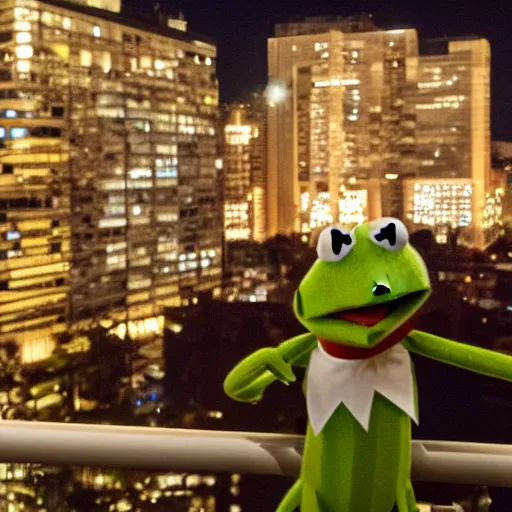 Prompt: kermit from the balcony at night