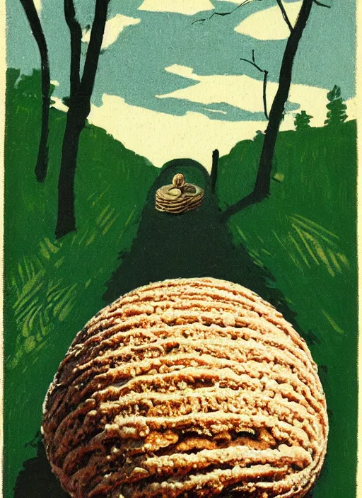 Image similar to an extreme close - up portrait of a spherical bread with face on it on a path in forest, by billy childish, thick visible brush strokes, shadowy landscape painting in the background by beal gifford, vintage postcard illustration, minimalist cover art by mitchell hooks