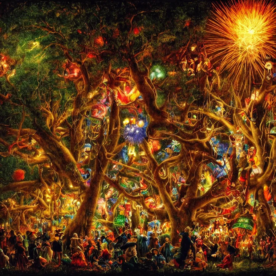 Prompt: closeup of a night carnival inside a tree cavity in a magical forest in the middle of a summer storm, with a music scenario with many fireworks and christmas lights, volumetric lightning, instense god rays in the sky, folklore people disguised with fantastic creatures in a magical forest by summer night, masterpiece painted by norman rockwell, very coherent and colorful high contrast masterpiece,