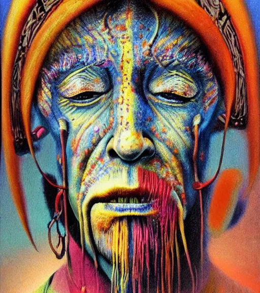 Image similar to Portrait painting in a style of Beksinski mixed with Alex Grey of an old shaman dressed in a colorful traditional clothes.