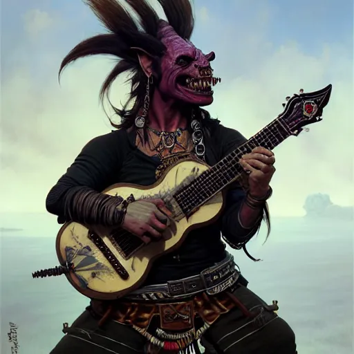 Prompt: portrait painting of a punk orc bard with a guitar, ultra realistic, concept art, intricate details, eerie, highly detailed, photorealistic, octane render, 8 k, unreal engine. art by artgerm and greg rutkowski and charlie bowater and magali villeneuve and alphonse mucha