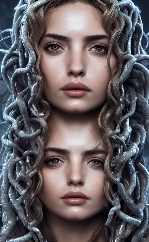 Image similar to ana de armas as medusa from greek mythology, photo realistic, hyperdetailed, 8 k realistic, frostbite 3 engine, cryengine, dof, trending on artstation, digital art