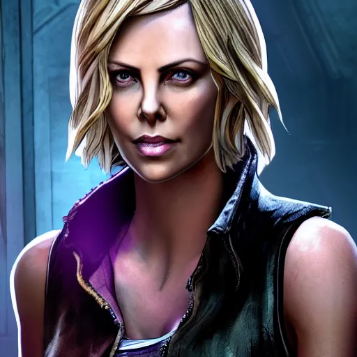 Prompt: charlize theron portrait, borderlands, tales from the borderlands, the wolf among us, comic, cinematic lighting, studio quality, 8 k