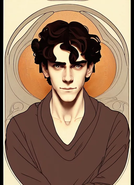 Image similar to art nouveau portrait of a young man with curly light brown hair, brown eyes, serious facial expression, gloomy mood, angry, t - shirt, natural lighting, path traced, highly detailed, high quality, cartoon, digital painting, by don bluth and ross tran and studio ghibli and alphonse mucha