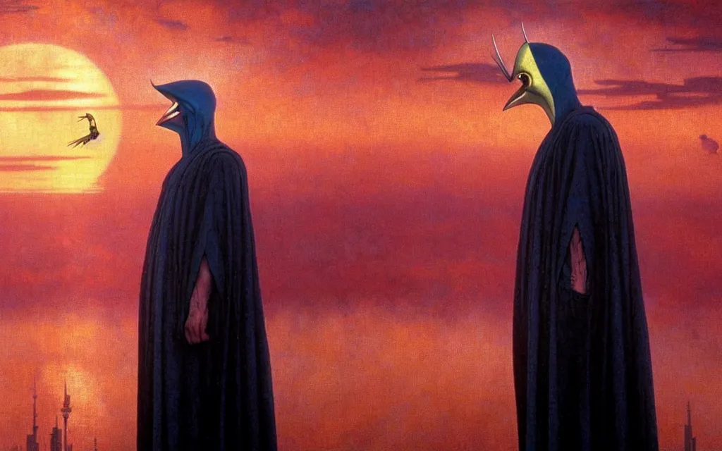 Image similar to realistic detailed portrait movie shot of a birdman wearing dark robes, futuristic city sunset landscape background by denis villeneuve, amano, yves tanguy, alphonse mucha, ernst haeckel, max ernst, roger dean, rich moody colours