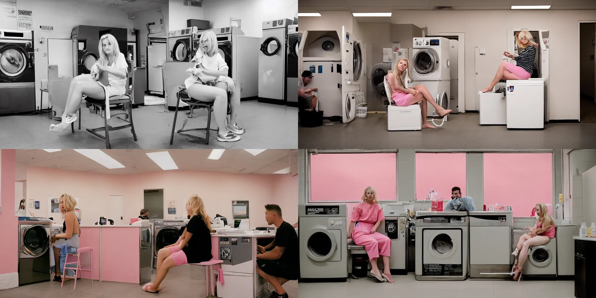 Prompt: full shot of a blonde white woman in her mid 20\'s sitting on a washing machine at a small laundromat. Her legs are hanging down. She is talking to her male friend who is standing in front of her. Pink sunset light shining from windows out of frame. Shot on film camera without flash. Kodak Portra 400